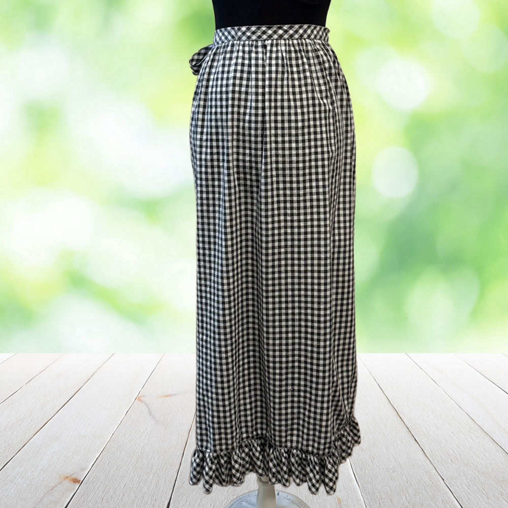 Vintage 60s MARY QUANT Penneys Maxi Wrap Skirt Gingham Ruffle Prairie Black Sz S - Picture 3 of 15